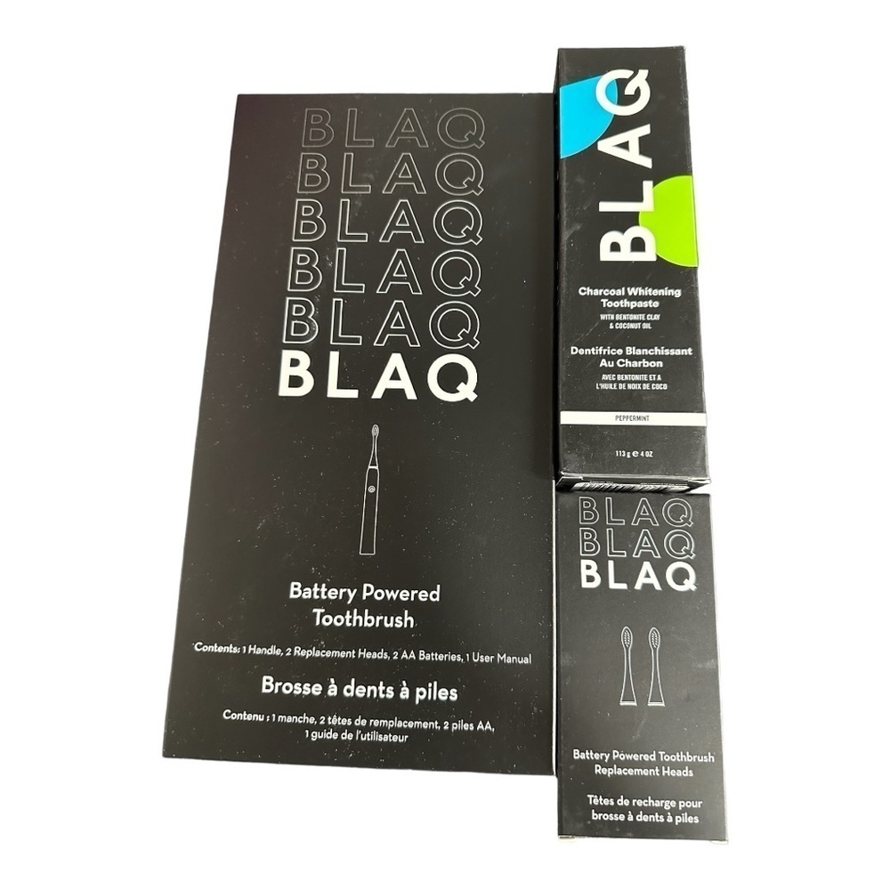 BLAQ Batter Operated Toothbrush, Replacement Heads & Charcoal Toothpaste